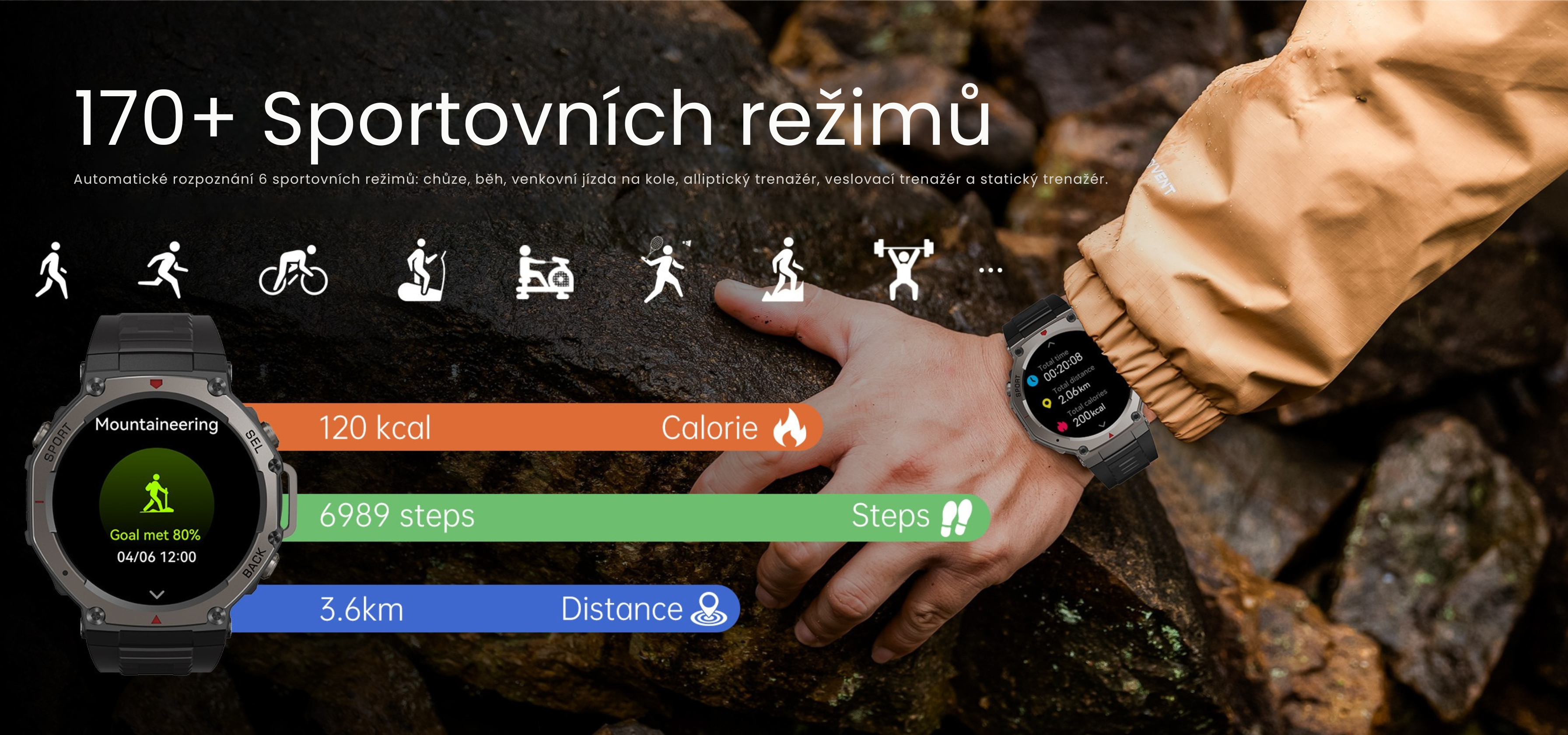 170+ Sportovních režimů Automatically recognizes 6 sport modes, walking, running, outdoor cycling, ellptical machine, rowing machine and static.